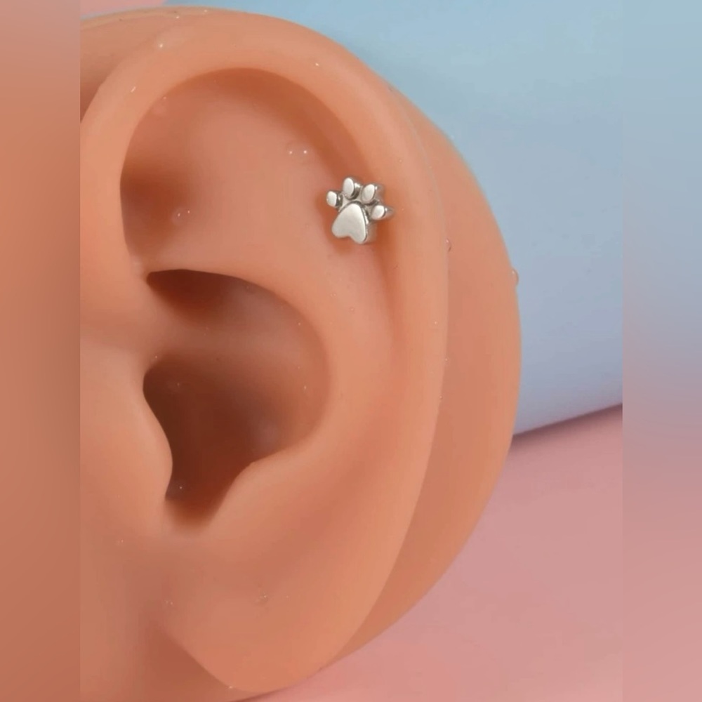 1Pc 16g Surgical Stainless Steel Paw Print Cartilage Piercing Stud NWT